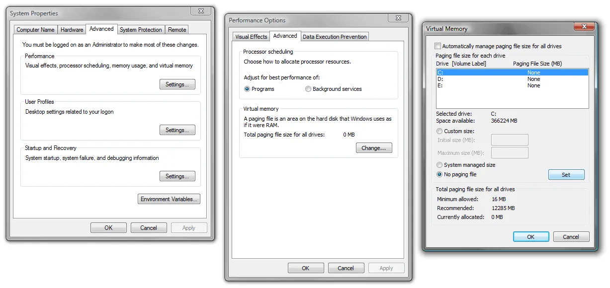Disable the swap file on Windows Vista