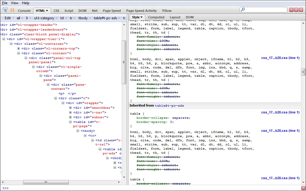Screenshot Firebug showing very long CSS inheritance tree due to a CSS reset.